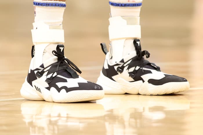 Nov 14, 2021; Atlanta, Georgia, USA; The shoes of Atlanta Hawks guard Trae Young is shown during their game against the Milwaukee Bucks at State Farm Arena.